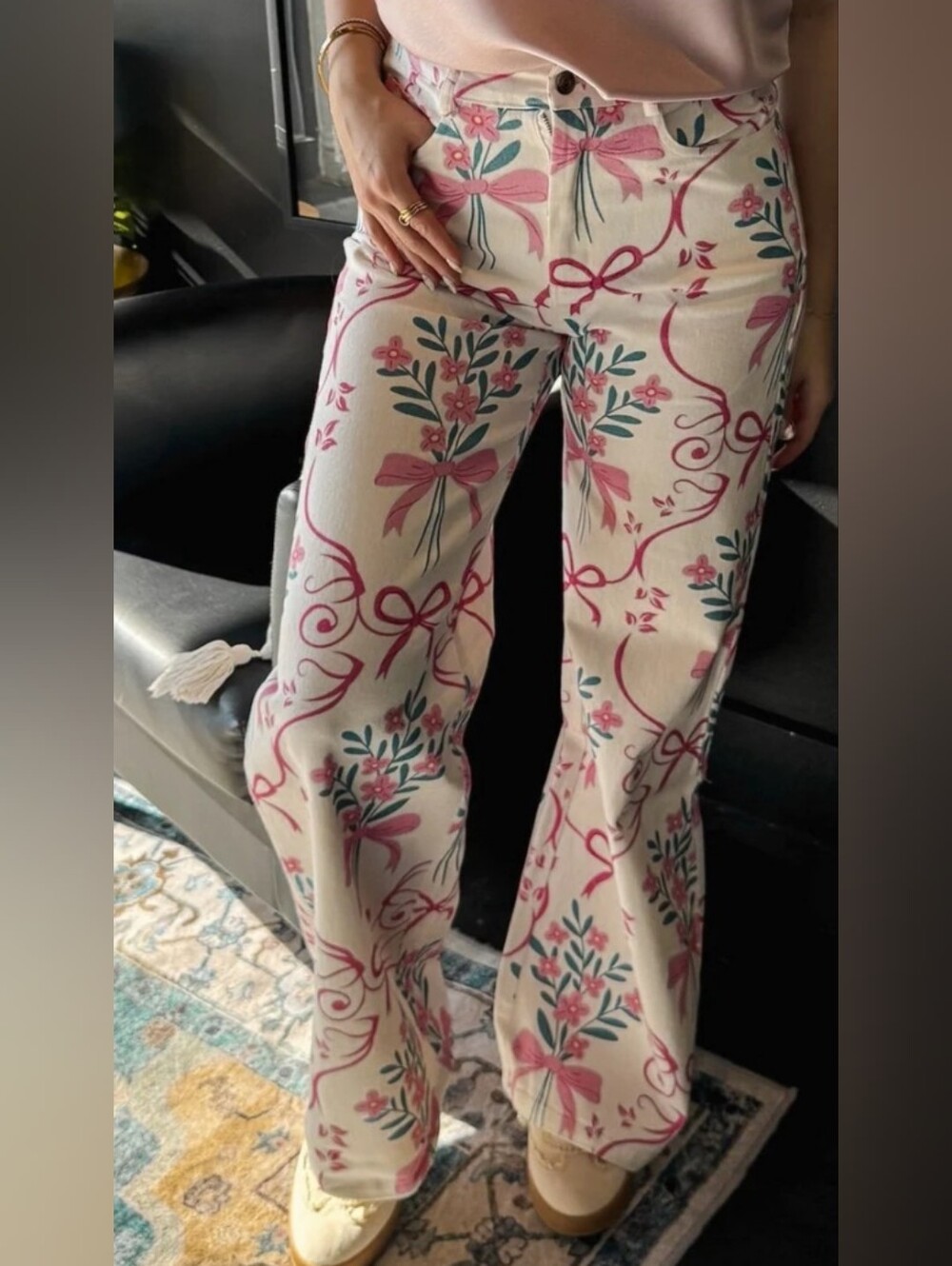 Anniewear NWT Floral Ribbon Wide-Leg Pants Pink on Cream Large Waist 32 Ins 30